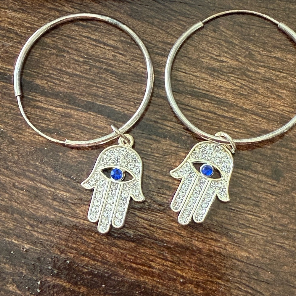 Silver Hamsa Hand Evil Eye Hoop Earrings